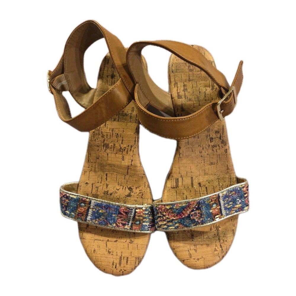 American Eagle Women’s Wedge Buckle Strap Sandals Size 6 Super Cute Print‎ Cork
